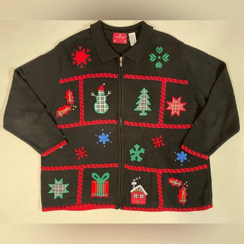 Holiday Lodge Long Sleeve Full Zip Christmas Black cardigan Sweater 22W/24W 3X